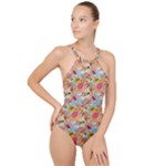 Pop Culture Abstract Pattern High Neck One Piece Swimsuit