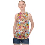 Pop Culture Abstract Pattern High Neck Satin Top
