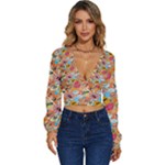 Pop Culture Abstract Pattern Long Sleeve Deep-V Velour Top