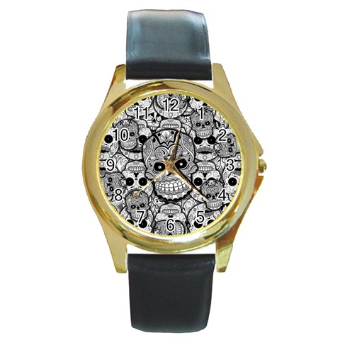 Sugar Skulls   Black And White Round Gold Metal Watch from ArtsNow.com Front