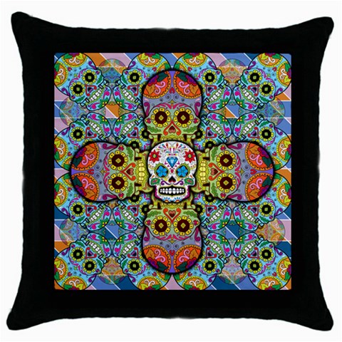 Sugar Skulls   Patterned Throw Pillow Case (Black) from ArtsNow.com Front