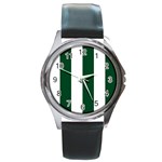 Vertical Stripes - White and Forest Green Round Metal Watch