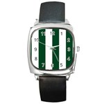 Vertical Stripes - White and Forest Green Square Metal Watch