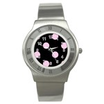 Polka Dots - Classic Rose Pink on Black Stainless Steel Watch