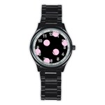 Polka Dots - Classic Rose Pink on Black Stainless Steel Round Watch