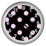 Polka Dots - Classic Rose Pink on Black Wall Clock (Silver)