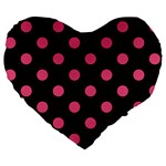 Polka Dots - Dark Pink on Black Large 19  Premium Flano Heart Shape Cushion