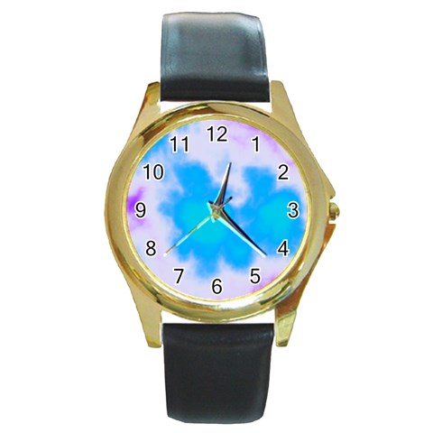 Blue And Purple Clouds Round Gold Metal Watch from ArtsNow.com Front