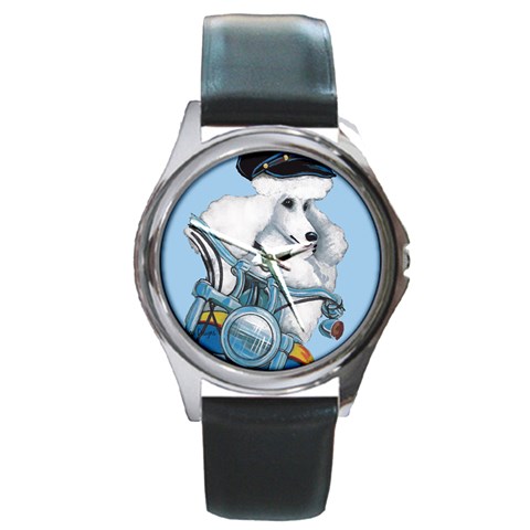 White Poodle Biker Chick Round Metal Watch from ArtsNow.com Front