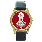 White Poodle on Tuffet Round Gold Metal Watch