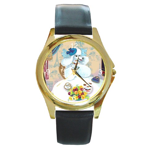 Tea Party Umbrella Arts Now Copy Square Round Gold Metal Watch from ArtsNow.com Front