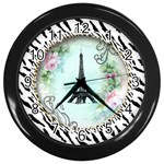 Eiffel Tower Pink Roses Circle For Zazzle Fini Zebra Bkgrnd Wall Clock (Black)