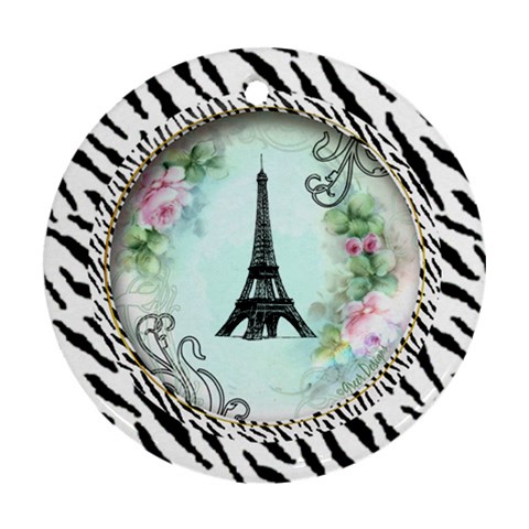 Eiffel Tower Pink Roses Circle For Zazzle Fini Zebra Bkgrnd Round Ornament (Two Sides) from ArtsNow.com Front