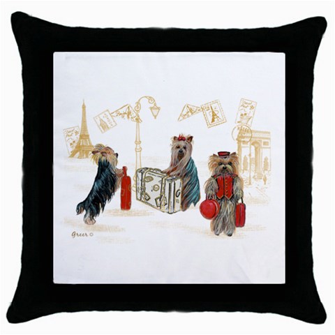 Travelling Yorkies in Paris Throw Pillow Case (Black) from ArtsNow.com Front