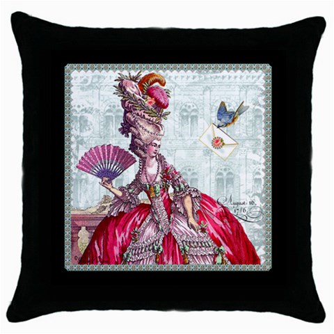 Marie Antoinette & Bluebird Throw Pillow Case (Black) from ArtsNow.com Front