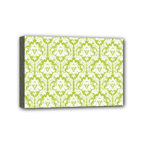 White On Spring Green Damask Mini Canvas 6  x 4  (Framed) from ArtsNow.com