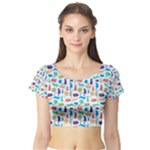 Blue Colorful Cats Silhouettes Pattern Short Sleeve Crop Top