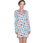 Blue Colorful Cats Silhouettes Pattern Long Sleeve Nightdresses