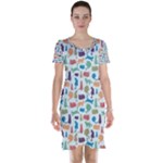 Blue Colorful Cats Silhouettes Pattern Short Sleeve Nightdresses