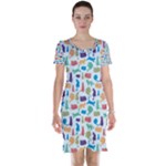 Blue Colorful Cats Silhouettes Pattern Short Sleeve Nightdresses