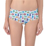 Blue Colorful Cats Silhouettes Pattern Mid-Waist Bikini Bottoms