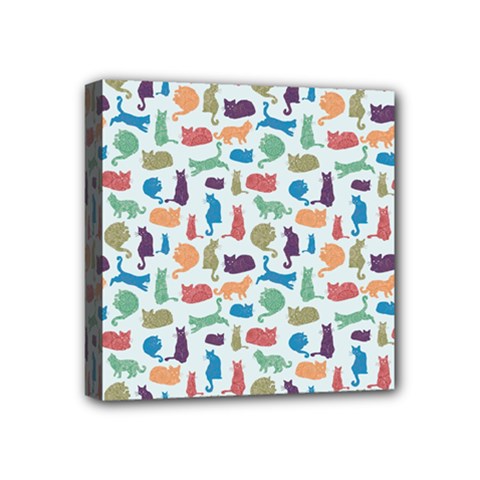 Blue Colorful Cats Silhouettes Pattern Mini Canvas 4  x 4  from ArtsNow.com