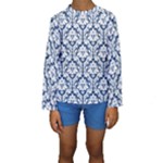 White On Blue Damask Kid s Long Sleeve Swimwear