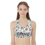 Pink whimsical flowers on blue Women s Sports Bra with Border