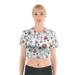 Pink whimsical flowers on blue Cotton Crop Top from ArtsNow.com