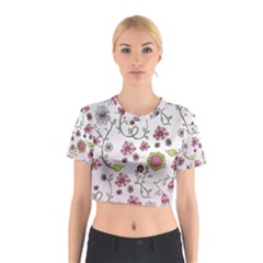 Pink whimsical flowers on pink Cotton Crop Top from ArtsNow.com