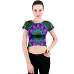 Star Of Leaves, Abstract Magenta Green Forest Crew Neck Crop Top Star Of Leaves, Abstract Magenta Green Forest Crew Neck Crop Top