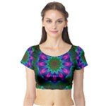 Star Of Leaves, Abstract Magenta Green Forest Short Sleeve Crop Top (Tight Fit)