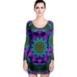 Star Of Leaves, Abstract Magenta Green Forest Long Sleeve Bodycon Dress