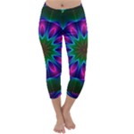 Star Of Leaves, Abstract Magenta Green Forest Capri Winter Leggings Star Of Leaves, Abstract Magenta Green Forest Capri Winter Leggings