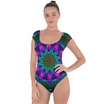 Star Of Leaves, Abstract Magenta Green Forest Short Sleeve Leotard (Ladies) Star Of Leaves, Abstract Magenta Green Forest Short Sleeve Leotard (Ladies)