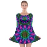 Star Of Leaves, Abstract Magenta Green Forest Long Sleeve Skater Dress Star Of Leaves, Abstract Magenta Green Forest Long Sleeve Skater Dress