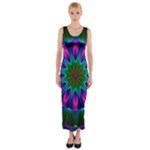 Star Of Leaves, Abstract Magenta Green Forest Fitted Maxi Dress Star Of Leaves, Abstract Magenta Green Forest Fitted Maxi Dress