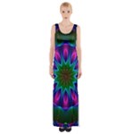 Star Of Leaves, Abstract Magenta Green Forest Maxi Thigh Split Dress Star Of Leaves, Abstract Magenta Green Forest Maxi Thigh Split Dress