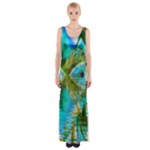 Crystal Gold Peacock, Abstract Mystical Lake Maxi Thigh Split Dress