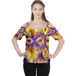 Golden Violet Crystal Palace, Abstract Cosmic Explosion Women s Cutout Shoulder Tee