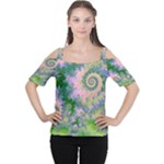 Rose Apple Green Dreams, Abstract Water Garden Women s Cutout Shoulder Tee