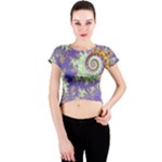 Sea Shell Spiral, Abstract Violet Cyan Stars Crew Neck Crop Top Sea Shell Spiral, Abstract Violet Cyan Stars Crew Neck Crop Top