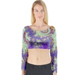 Sea Shell Spiral, Abstract Violet Cyan Stars Long Sleeve Crop Top