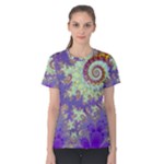 Sea Shell Spiral, Abstract Violet Cyan Stars Women s Cotton Tee