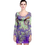 Sea Shell Spiral, Abstract Violet Cyan Stars Long Sleeve Bodycon Dress Sea Shell Spiral, Abstract Violet Cyan Stars Long Sleeve Bodycon Dress