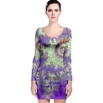 Sea Shell Spiral, Abstract Violet Cyan Stars Long Sleeve Bodycon Dress