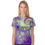 Sea Shell Spiral, Abstract Violet Cyan Stars Women s V-Neck Sport Mesh Tee