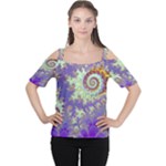 Sea Shell Spiral, Abstract Violet Cyan Stars Women s Cutout Shoulder Tee