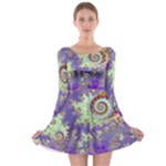 Sea Shell Spiral, Abstract Violet Cyan Stars Long Sleeve Skater Dress