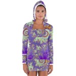 Sea Shell Spiral, Abstract Violet Cyan Stars Women s Long Sleeve Hooded T-shirt